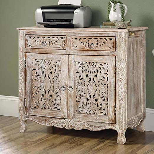 Solid Wooden handcarved Sideboard Cabinet | Entryway Cabinet with Antique Design for Living Room, Hall, Bedroom | Distress Finish, Mango Wood | 40D x 90W x 90H Centimeters-image-21