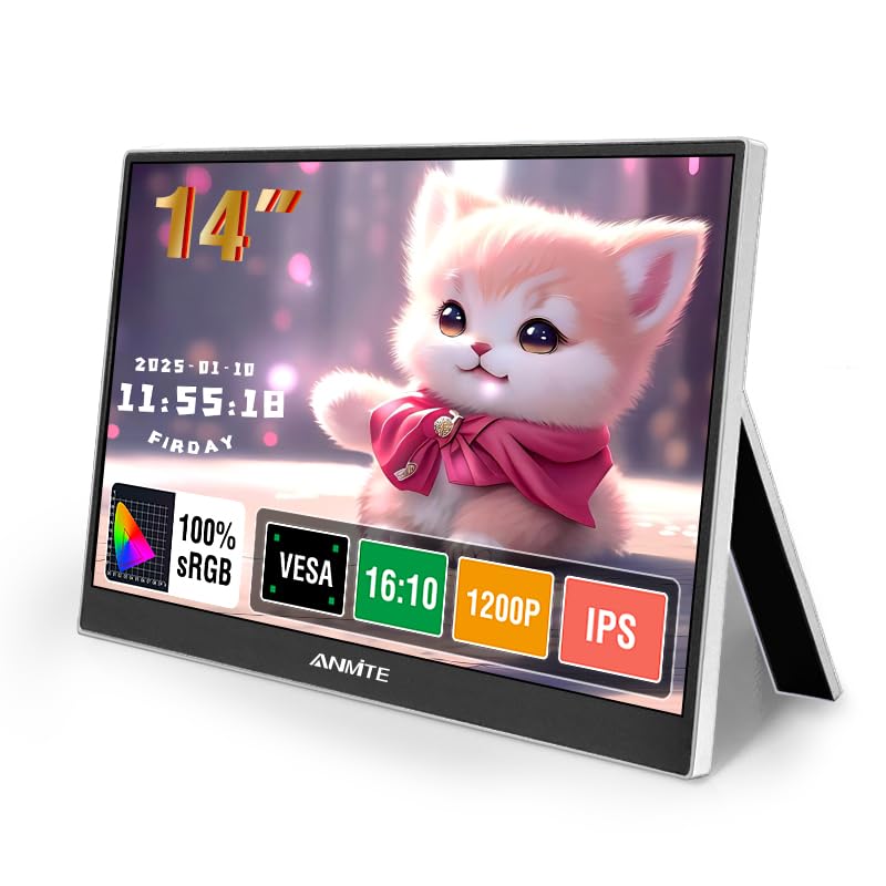 Image of 14 Inch Portable Monitor Computer Gaming Metal Enclosure Mobile External Display for Laptop Xbox PS4 Phone with Speakers Type-C USB-C HDMI IPS FHD 1200P LED Screen