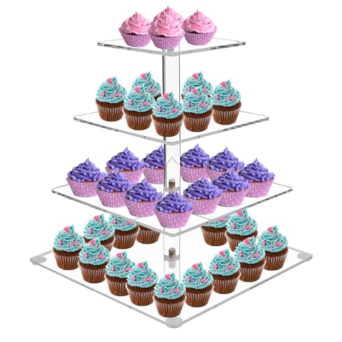 ONEINHE Alzata quadrata per cupcake a 4 ripiani, in acrilico, a torre, per dessert, pasticceria, per matrimoni, feste di compleanno