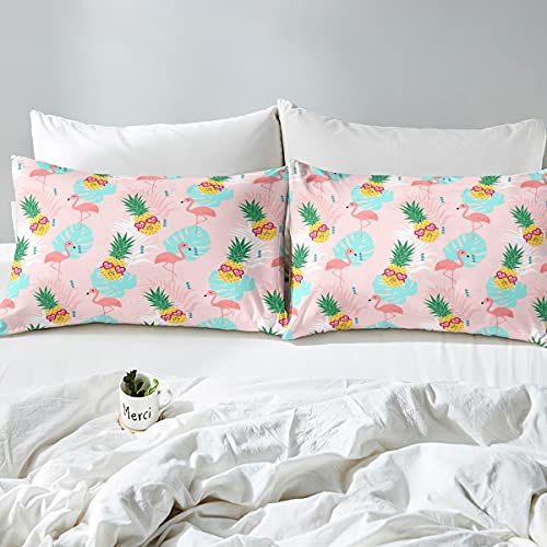 Homemissing Golden Pineapple Bedding Set for Kids Girls Boys Pink Flamingos Comforter Cover Tropical Animal Palm Leaves Duvet Cover Summer Natural Bedding & Linen Double Size - Image 4