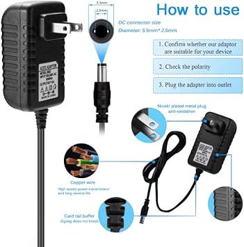 AC/DC Adapter 6V 2A 1.5A 1A 0.5A Adapter Power Supply Power Cord 12W 100-240V 50-60Hz with 5.5 x 2.5mm DC Plug Compatible 6 Volt 200ma 300ma 500ma 800ma and More DC 6V Devices