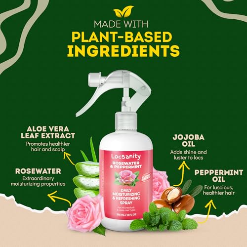 Image of Loc Spray - Locsanity Daily Moisturizing Rosewater & Peppermint Spray for Locs, Dreadlocks - Lightweight Frizz Control Hair & Scalp Moisturizer - Natural Loc Care (12 fl oz)