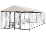 Lyromix 10 x 15FT Large Outdoor Dog Kennel with Bowls, Dog Kennel Outside with Waterproof Cover Roof, Galvanized Heavy Duty Chain Link Dog Runs Cage Playpen for Outside with Secure Lock