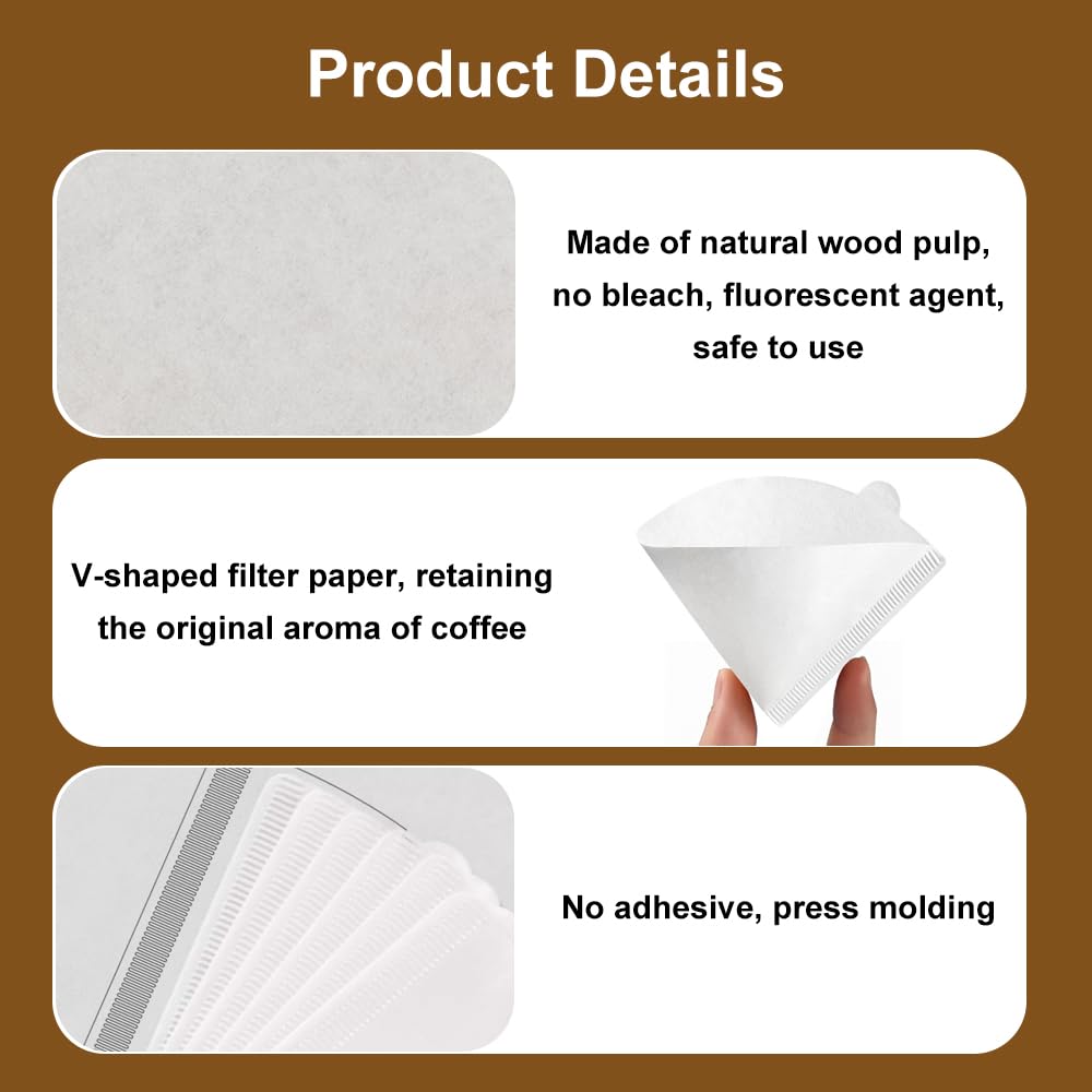 200 sztuk papierowych filtrów do kawy, rozmiar 2, filtr papierowy do kawy, filtr do kawy w kształcie litery V, papier do kawy stożkowy, biały filtr do kawy, torebki filtrujące do stożków kawy