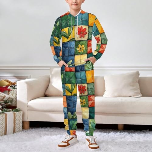 Boys Girls Pullover Hoodie and Pants Outfit 2PCS Set Sweatshirt for Kids, Brazilian Patterns Watercolor3