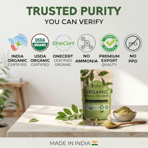 Image of ReGrows 100% Certified ORGANIC HENNA powder | Dermatologically and Clinically Lab Tested Henna Powder | USDA ONECERT Certified | GI Tagged Henna directly from farm Hair Color and Hair Care for Men and Women | Henna with Brush, Gloves, Shower cap | Mehndi powder | (227gm)