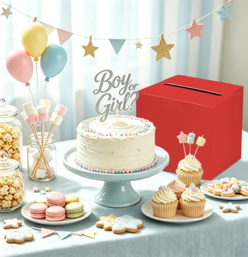 Image of SietDESEO Red Card Box for Graduation Large Gift Card Box Holder 9.8 inch x 9.8 inch Money Cards Box Diy Card Box for Wedding Reception Baby Shower Birthday Cards Box Holder