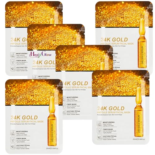 24K Gold Collagen Face Mask Set (6 Pack) – Korean Sheet Masks for Hydrating, Firming & Brightening Skin – Anti-Aging Moisturizing Facial Mask for Glass Skin Glow – Vegan Skincare