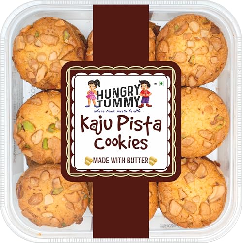 Image of Hungry Tummy Kaju Pista Cookies | Cashew Pistachio Butter Cookies | Premium Dry Fruit Biscuits | Handmade Crunchy Tea Time Cookies | Rich & Delicious Snack | (Pack of 250g)