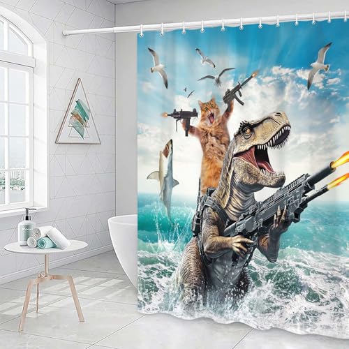 Cat Dinosaur Shower Curtains for Boys, Funny Animal Riding Dino Fighting on Blue Ocean Shower Curtain Sets with Hooks, Hilarious Kids Men Cool Bathroom Set Accessories Decor Beach Theme Curtains