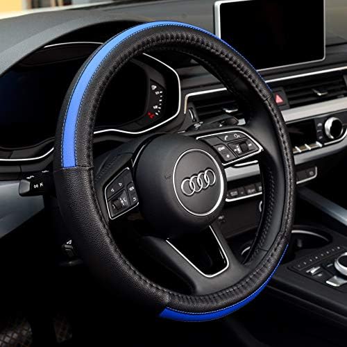 LABBYWAY Microfiber Leather Auto Car Steering Wheel Cover, Universal 15 inch for Suvs,Vans,Trucks (Black and Blue)