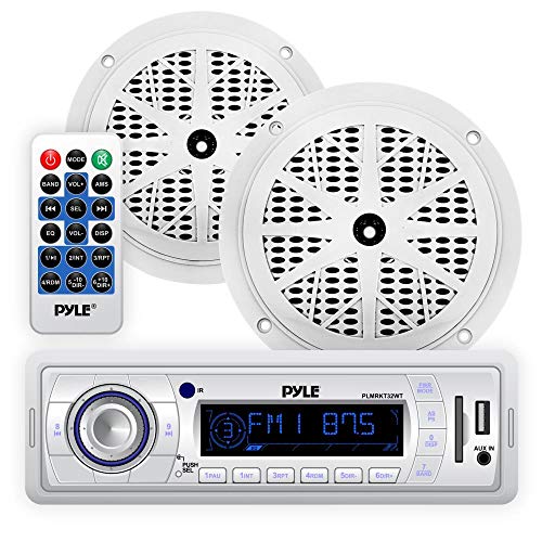Marine Headunit Receiver Speaker Kit - In-Dash LCD Digital Stereo w/ AM FM Radio System 5.25’’ Waterproof Cone Speakers (2) MP3/USB/SD Readers Single DIN & Remote Control - Pyle White PLMRKT32WT