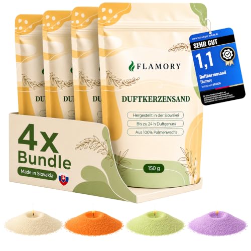 Kerzensand mit Duft Allround Set 4x150g Candle Sand [Vanille/Orange/Lavendel/Verbena] 12 Dochte inkl. 100% Pflanzenwachs rußfrei ohne Paraffin bis 96 Std. Brenndauer Kerzensand mit Docht