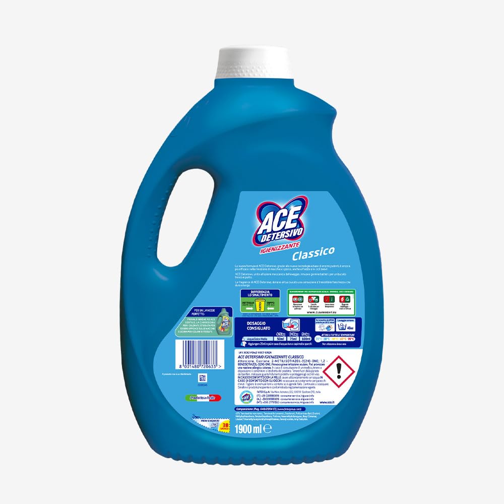 ACE Detersivo Igienizzante Classico – Detersivo Liquido Lavatrice, Rimuove Macchie e Sporco, Igienizza Tessuti, Bucato Pulito e Fresco anche a Freddo, Formula Efficace e Profumo Duraturo, 152 lavaggi