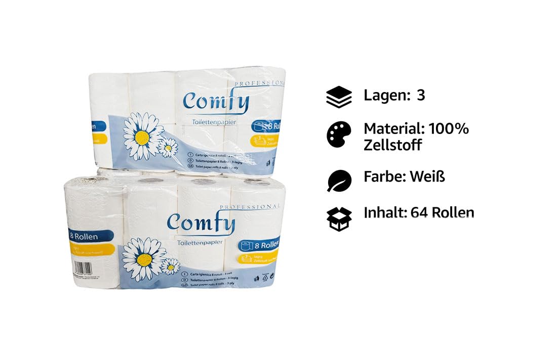 Toilettenpapier 3-lagig – 64 Rollen (8 x 8) 150 Blatt pro Rolle | 100% reine Zellulose | Weiches & saugfähiges Premium-Toilettenpapier – Weiß, ideal für Haushalt & Gewerbe