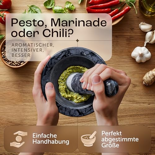 Foto von madeco Mörser mit Stößel Marmor Ø 14 cm - Perfekt geeignet für Gewürze, Kräuter & Nüsse - Steinmörser Set mit praktischem Antirutsch-Pad - Design Marmor Mörser & Stößel groß