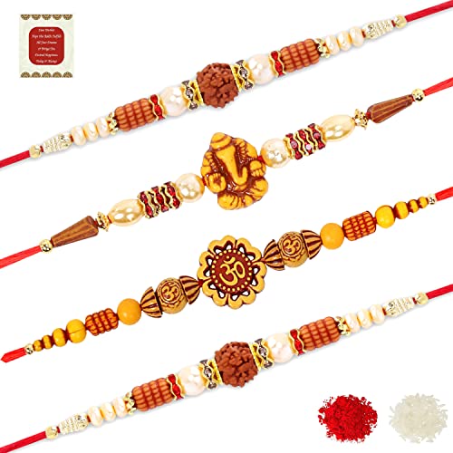 Image of Riddhika Ventures Religious Gold Plated Meenakari Sacred Ganesha Rakhi with Roli Chawal and One Happy Raksha Bandhan Keychain