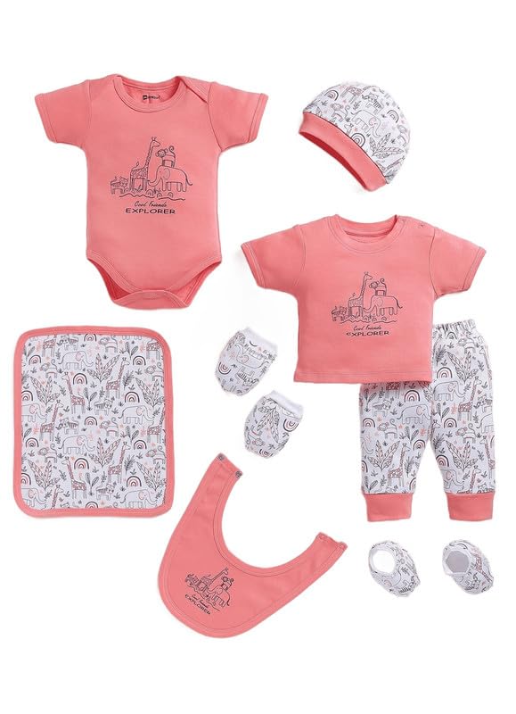 MOON KIDS Newborn Baby Cotton Clothing Gift Set with Romper, Onesie, Top, Pant, Cap, Mittens & Bib (7-piece set) - Coral|-image-15