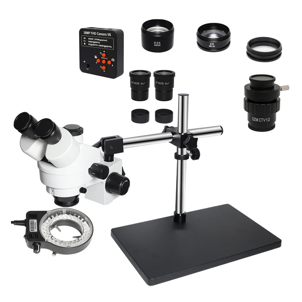 Microscope 3.5X-90X Double Arm Holder Simul Focal Trinocular Stereo Microscope 38MP H_D Digital USB Microscopio Camera for Phone PCB Repair Tool(38MP add CTV 0.5X)