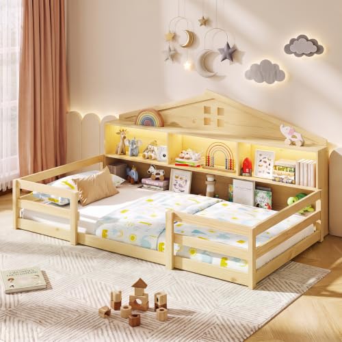 Giantex Twin Size Montessori Floor Bed with LED Lights | 2-in-1 Wooden House Bed Frame with Safety Guardrails, Storage Compartments & Shelf, No Box Spring Needed, Without Slats