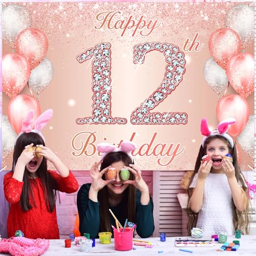 Image of Happy 12th Birthday Rose Gold Banner Cheers to 12 Years Old Backdrop Confetti Balloons Theme Decor for Girls 12 Years Old Pink Birthday Party Decorations Bday Supplies Background Favors Gift Glitter