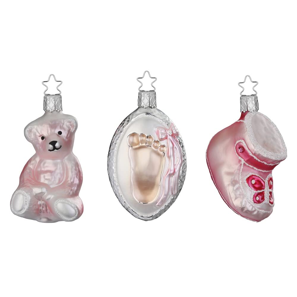Lot 3 décorations sapin Noël verre ours rose | Cadeau de naissance et premier Noël fille 7,5-9 cm