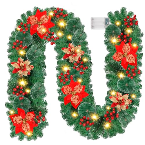 Ghirlanda Natalizia, 2.7M/9 FT Decorazioni Natalizie con Luci LED, Ghirlanda Natale Decorazioni Artificiale per Porta, Camini,Scale, Centrotavola Natalizio, Addobbi Natalizi Per La Casa