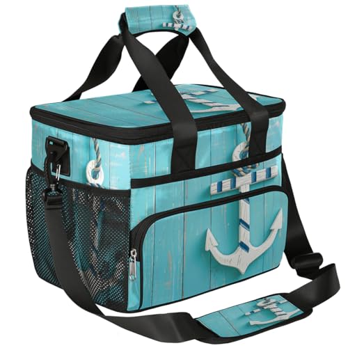 Mexpekil Bolsa térmica grande de madera azul con ancla de mar de 15 litros, bolsa de almuerzo aislada a prueba de fugas suave para playa con correa para picnic, camping, viajes, pesca, senderismo