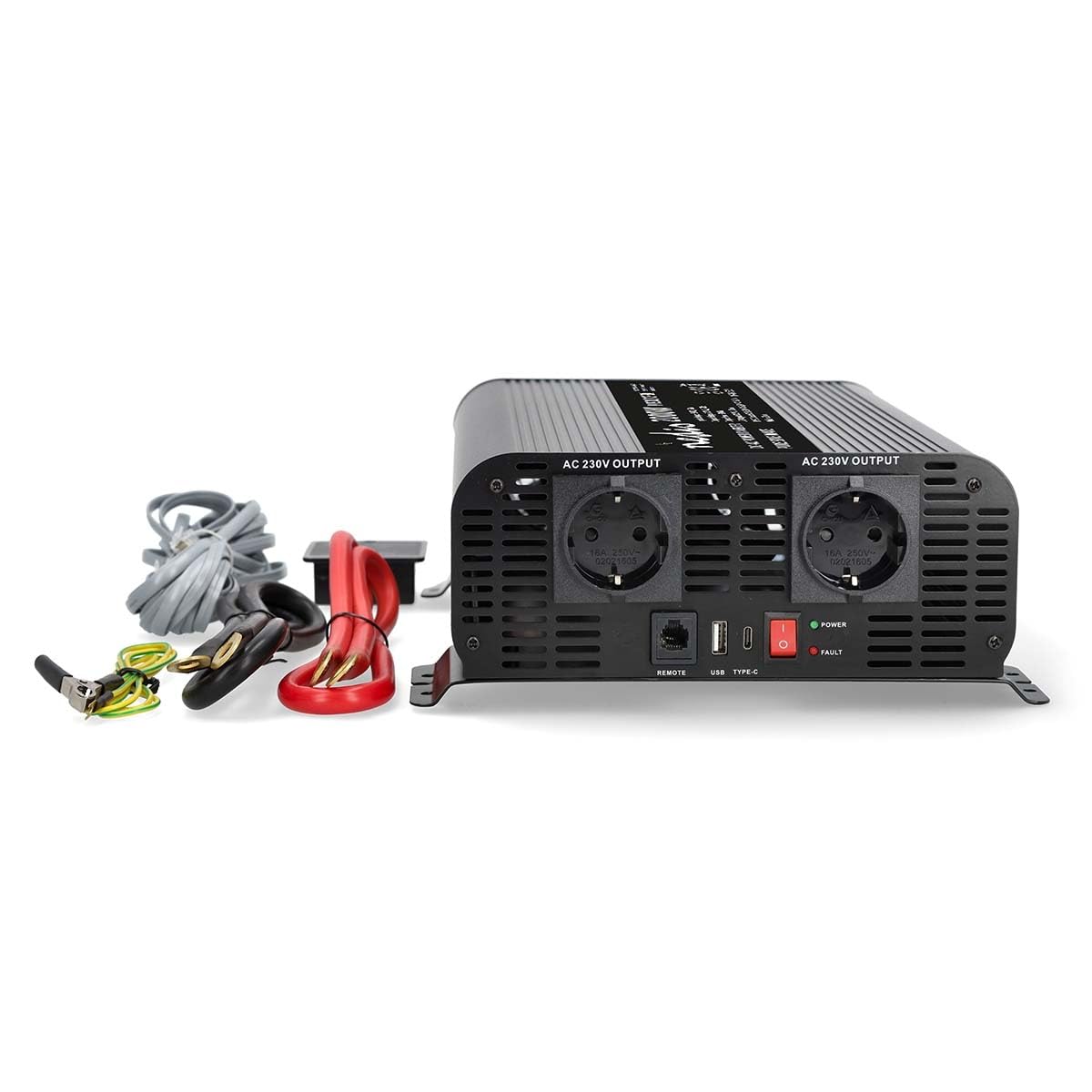Nedis PIP200012FBK - Inverter di corrente - Onda sinusoidale pura - 2000 W continui - 4000 W di picco - 12 V DC a 230 V AC - 50 Hz - Tipo F/USB-A/USB-C - Morsetti a vite - Nero
