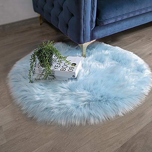 Ashler Faux Fur Light Blue Round Area Rug Indoor Ultra Soft Fluffy Bedroom