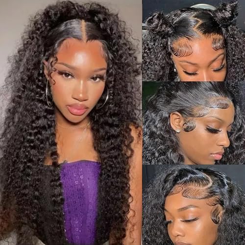 ANDRIA 13x4 Lace Front Wigs 200 Density Deep Wave Wig Black Curly Wig Pre-Plucked Glueless Lace Frontal Wigs Lace Front Wig with Baby Hair Heat Resistant Synthetic Hair Deep Curly Long Wigs 26 Inch