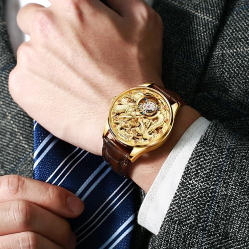 Image of OLEVS Men Automatic Watch Skeleton Luxury Gold Original Dress Mechanical Self Winding Sapphire Crystal Real Leather and Interchangeable Tungsten Steel Band Wrist Watch for Men
