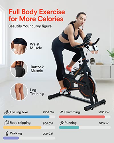 UREVO Exercise Bike, Stationary Bike with 35lbs Flywheel, Indoor Cycling Bike Stationary with Mat and 4 Resistance Bands, Exercise Bike 330lbs Capacity, Quiet Bike Exercise Machine with Adjustable Resistance (22lbs Flywheel, Black)