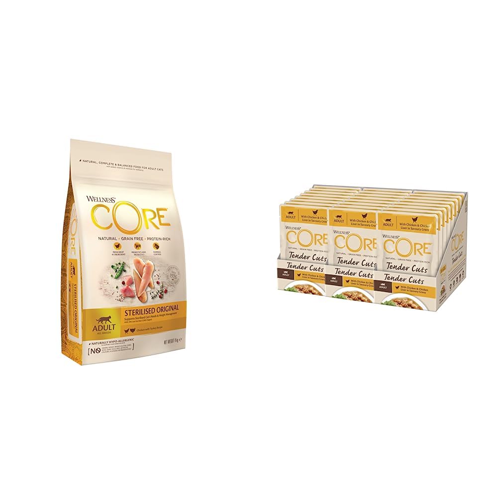Wellness CORE Sterilised Original & Tender Cuts, Katzenfutter nass, zarte Stückchen in Sauce, getreidefrei, mit hohem Fleischanteil, Huhn & Hühnerleber, 24 x 85 g