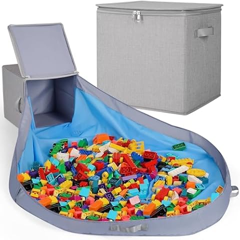 SAM AND MABEL Toy Storage Basket and Play Mat – 13"x13"x13" Stackable and Collapsible Cubby Box Organizers for Kids Playroom, Nursery Storage Bins for Boys and Girls (Warm Grayish Beige) Cover