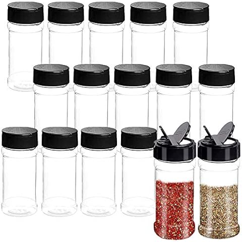 Qiuttnqn 16 PCS 3.5oz Plastic Seasoning Containers with Black Screw Lids to Pour or Shake,Portable Empty Clear Spice Jars,Storage Seasoning Containers for Spice,Powders,Peppers Cover