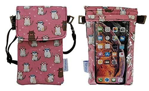 Image of Tainada Small Crossbody Phone Pouch Bag w /Touchscreen Window (Cats Pink) | Travel cellphone purse clutch holder for women w / detachable strap; Compatible with iPhone 17 Pro Max, 16 Plus; Samsung S26
