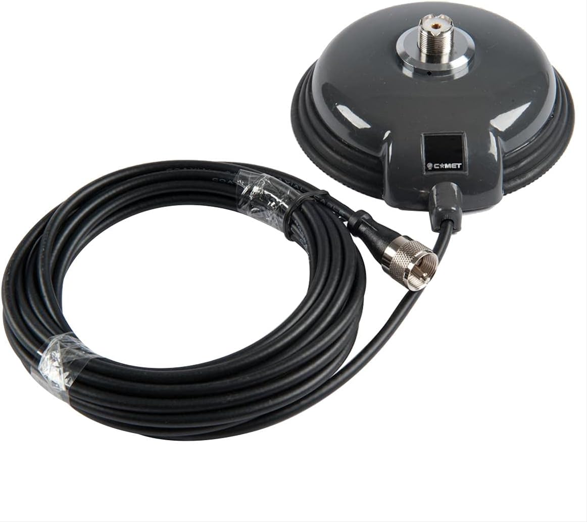 CM-5M 4.5″ Magnetic Mobile Antenna Mount with 5 m RG-58A/U Coax, SO-239 Base & PL-259 Connector, Weather-Seal Friendly