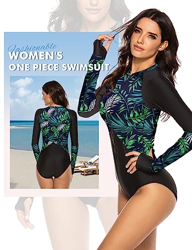 SELINK Women's Long Sleeve Rash Guard UV Protection Zipper Printed Surfing One Piece Swimsuit Bathing Suit4