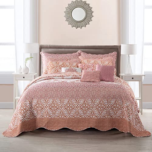 Bytide Bedspread Coverlet Oversized King 122" X 106" Floral Printed 9 Piece Quilt Set, Soft Lightweight Prewashed Bedding Set Bed Cover For All Season, Coral Chevron #TOP17