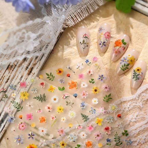 Image of Flower Nail Stickers Colorful Floral Nail Art Stickers Summer Wildflower Leaf Plant 5D Embossed Self-Adhesive Nails Decals Supply Manicure for Women Nails Decoration