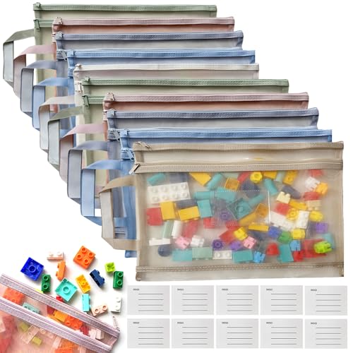 Colored Mesh Zipper Pouch Bags - 10PCS A4 Double-Layer Nylon Puzzle Building Block Sets Toy Storage & Organization For Lego, Breathable Through Zipper Pouch with Handle Pocket for School Office Games