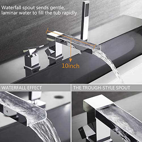 Artbath Waterfall Bathtub Faucet With Sprayer, 3-Hole Roman Tub Filler With Hand Shower Deck Mount Waterfall Tub Spout Set Chrome #TOP2