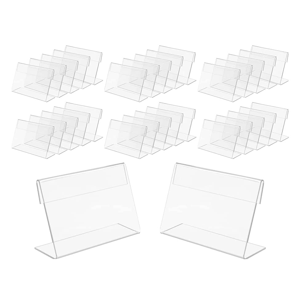 Scukzyde Acrylic Sign Display Holder, 30pcs Name Card Holder Mini Price Card L Shape Tag Label Counter Top Stand for for Supermarket Retail Store Office 6x4cm