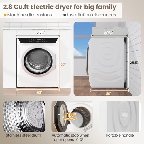 Image of VCJ 2.8 cu.ft Portable Dryer, 1400W Electric Clothes Dryer with 6 Drying Modes & LED Control Panel, Front Load Compact Dryer for Home, Apartment, Dorms