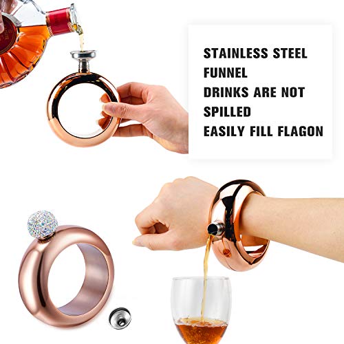 Bracelet Bangle Flask For Liquor For Women 304 Stainless Steel Wine/Alcohol Wrist Flasket With Handmade Rhinestone Lid For Women Girls Dance Birthday Party Club Bar 3.5Oz (Rose Gold) #TOP1