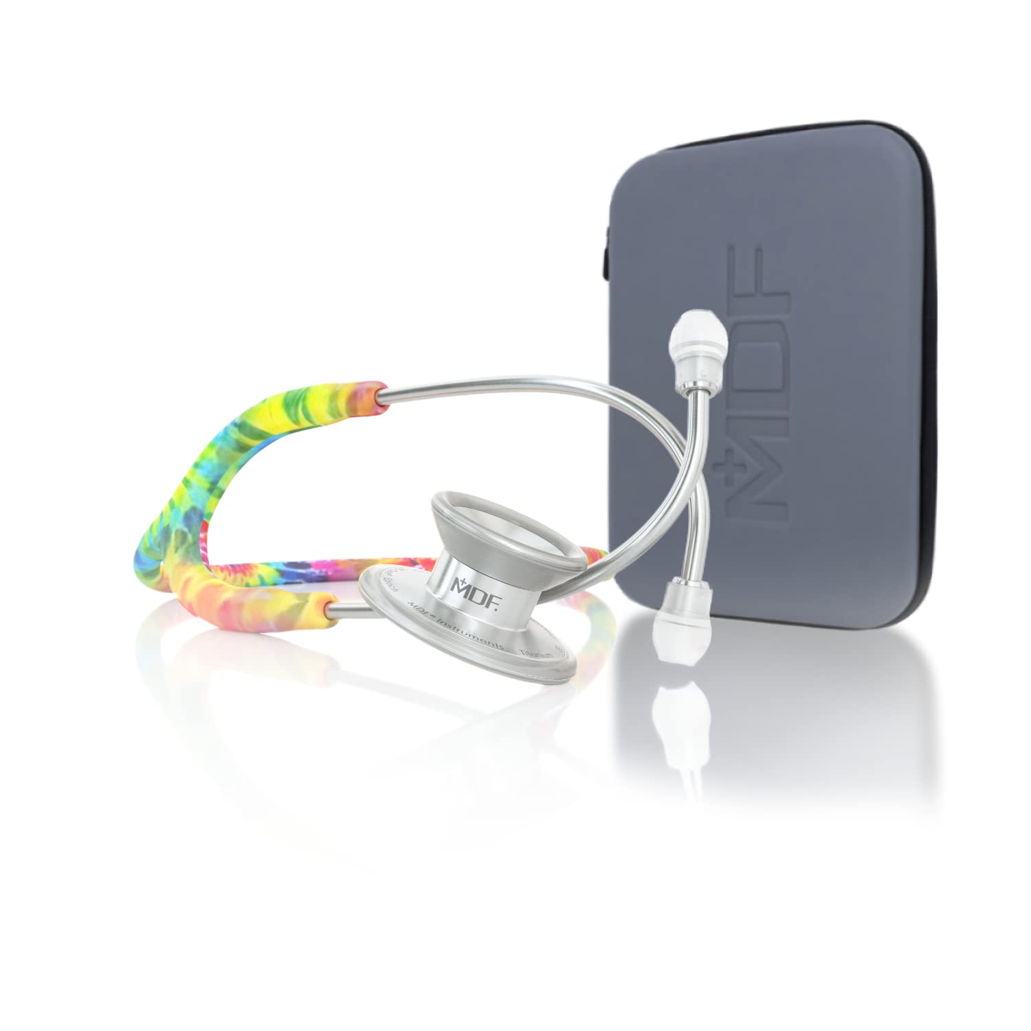 MDF Instruments MD One Epoch - Stetoscopio in titanio leggero, per adulti, con tubo Tie Dye, con cuffia in argento, MDF777TTD+ con custodia da viaggio
