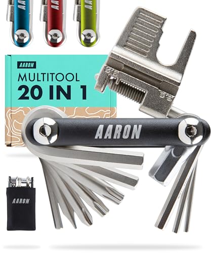 AARON Tool 20 in 1 Multitool - Fahrrad Multifunktionswerkzeug aus rostfreiem Stahl/Aluminium - faltbares Mini Fahrradwerkzeug mit vielen Funktionen - praktisches Bike Tool in Schwarz