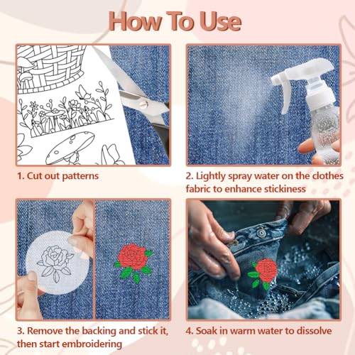 Image of Peacoblue Water Soluble Embroidery Patterns for Beginners, Wisteria Vines and Butterflies 4 Sheets with 19pcs Wash Away Stick and Stitch Embroidery Pattern Stabilizer for Hand Sewing Women Adults