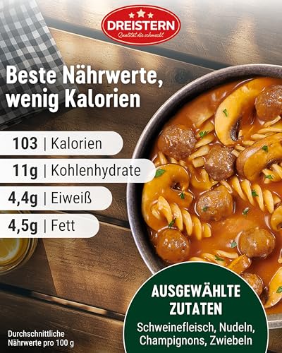 DREISTERN Jägertopf mit Nudeln & Champignons 900g I Herzhaftes Fertiggericht in Mikrowellenschale I Lange Haltbarkeit dank natürlicher Konservierung I Hausmacher Qualität – Bild 4